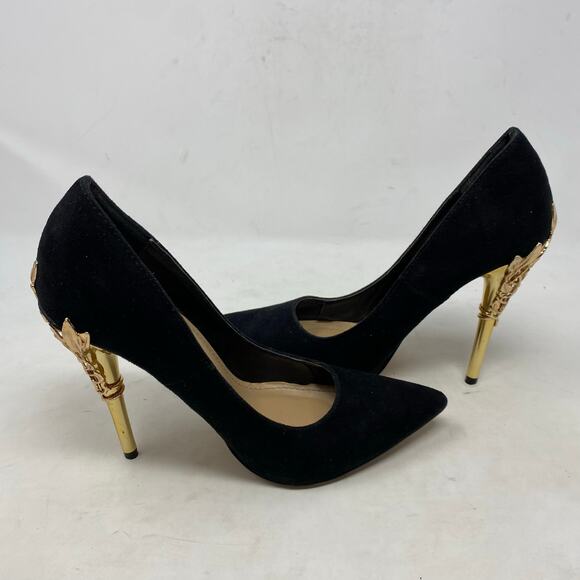 ShoeDazzle Esperanza Black Suede Heels with Gold Stiletto Detail Size 7 - Picture 6 of 8